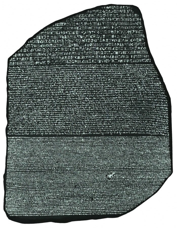  The Rosetta Stone in a high contrast, readable format    The Rosetta Stone is an Ancient Egyptian artifact which was instrumental in advancing modern understanding of Egyptian hieroglyphic writing. The stone is a Ptolemaic era stele with carved text made up of three translations of a single passage: two in Egyptian language scripts (hieroglyphic and Demotic) and one in classical Greek. It was created in 196 BC, discovered by the French in 1799 at Rosetta and contributed greatly to the deciphering of the principles of hieroglyph writing in 1822 by the British scientist Thomas Young and the French scholar Jean-François Champollion. Comparative translation of the stone assisted in understanding many previously undecipherable examples of hieroglyphic writing. The text on the stone is a decree from Ptolemy V, describing the repeal of various taxes and instructions to erect statues in temples. Two Egyptian-Greek multilingual steles predated Ptolemy V's Rosetta Stone: Ptolemy III's Decree of Canopus, 239 BC, and Ptolemy IV's Decree of Memphis, ca 218 BC.  The renaissance translation of Egyptian hieroglyphs in the early 1800s promulgated the immediate three-language translation of the tri-lingual Behistun Inscription in cuneiform scripts, by scaffolding work on the cliff-wall face, before the mid-1800s. Both hieroglyphs and cuneiform were starting a translation revolution, as were the physical sciences of describing fossil evolution.  The Rosetta Stone is 114.4 centimetres (45.0 in) high at its highest point, 72.3 centimetres (28.5 in) wide, and 27.9 centimetres (11.0 in) thick. It is unfinished on its sides and reverse. Weighing approximately 760 kilograms (1,700 lb), it was originally thought to be granite or basalt but is currently described as granodiorite of a dark pinkish-gray color. The stone has been on public display at The British Museum since 1802. Source: http://en.wikipedia.org/wiki/Rosetta_Stone  Image Source= Project Gutenburg, [http://images.google.com/imgres?imgurl=http://www.gutenberg.org/files/16352/16352-h/images/p1.jpg&imgrefurl=http://www.gutenber)