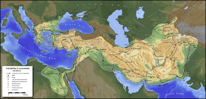 
	Map of Alexander's empire and the paths of the conquests (334-323 BC)
	Source: http://en.wikipedia.org/wiki/File:MacedonEmpire.jpg