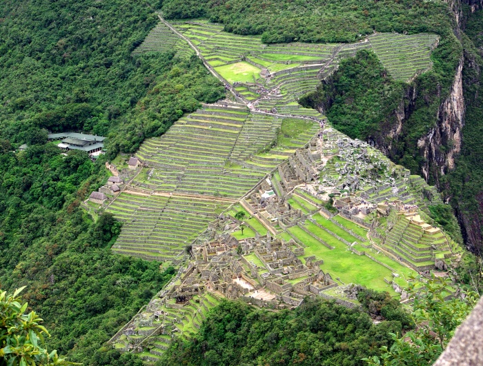 
	A view of the entire site of Machu Picchu, seen from Huayna Picchu. At far left is the visitor centre and main entrance. At the top is the path to the Sun Gate.
	Source: Wikipedia