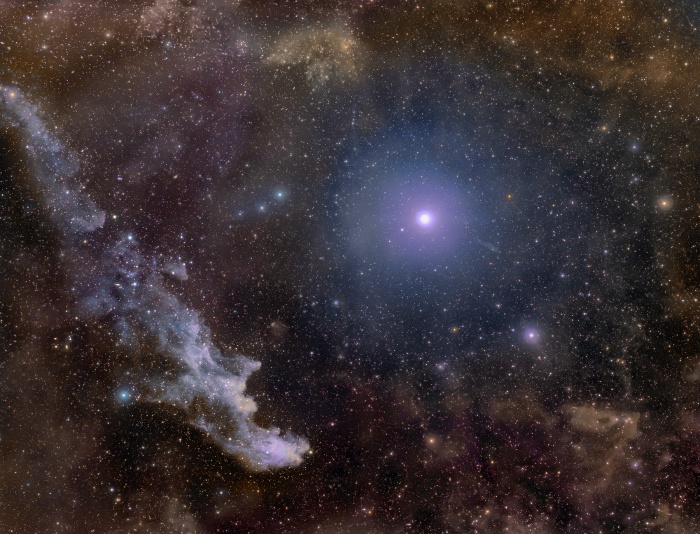 
	Rigel and the Witch Head Nebula
	Astronomy Picture of the Day - 2009 December 29
	Credit & Copyright: Rogelio Bernal Andreo (Deep Sky Colors)
	
	Explanation: Double, double toil and trouble; Fire burn, and cauldron bubble -- maybe Macbeth should have consulted the Witch Head Nebula. This suggestively shaped reflection nebula on the lower left is associated with the bright star Rigel, to its right, in the constellation Orion. More formally known as IC 2118, the Witch Head Nebula glows primarily by light reflected from Rigel. Fine dust in the nebula reflects the light. Pictured above, the blue color of the Witch Head Nebula and of the dust surrounding Rigel is caused not only by Rigel's blue color but because the dust grains reflect blue light more efficiently than red. The same physical process causes Earth's daytime sky to appear blue, although the scatterers in Earth's atmosphere are molecules of nitrogen and oxygen. Rigel, the Witch Head Nebula, and gas and dust that surrounds them lie about 800 light-years away.