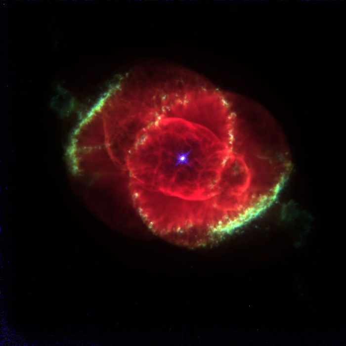 
	The Cat's Eye Nebula
	Astronomy Picture of the Day - 2009 December 27
	Credit: J. P. Harrington (U. Maryland) & K. J. Borkowski (NCSU) HST, NASA
	
	Explanation: Three thousand light-years away, a dying star throws off shells of glowing gas. This image from the Hubble Space Telescope reveals the Cat's Eye Nebula to be one of the most complex planetary nebulae known. In fact, the features seen in the Cat's Eye are so complex that astronomers suspect the bright central object may actually be a binary star system. The term planetary nebula, used to describe this general class of objects, is misleading. Although these objects may appear round and planet-like in small telescopes, high resolution images reveal them to be stars surrounded by cocoons of gas blown off in the late stages of stellar evolution.