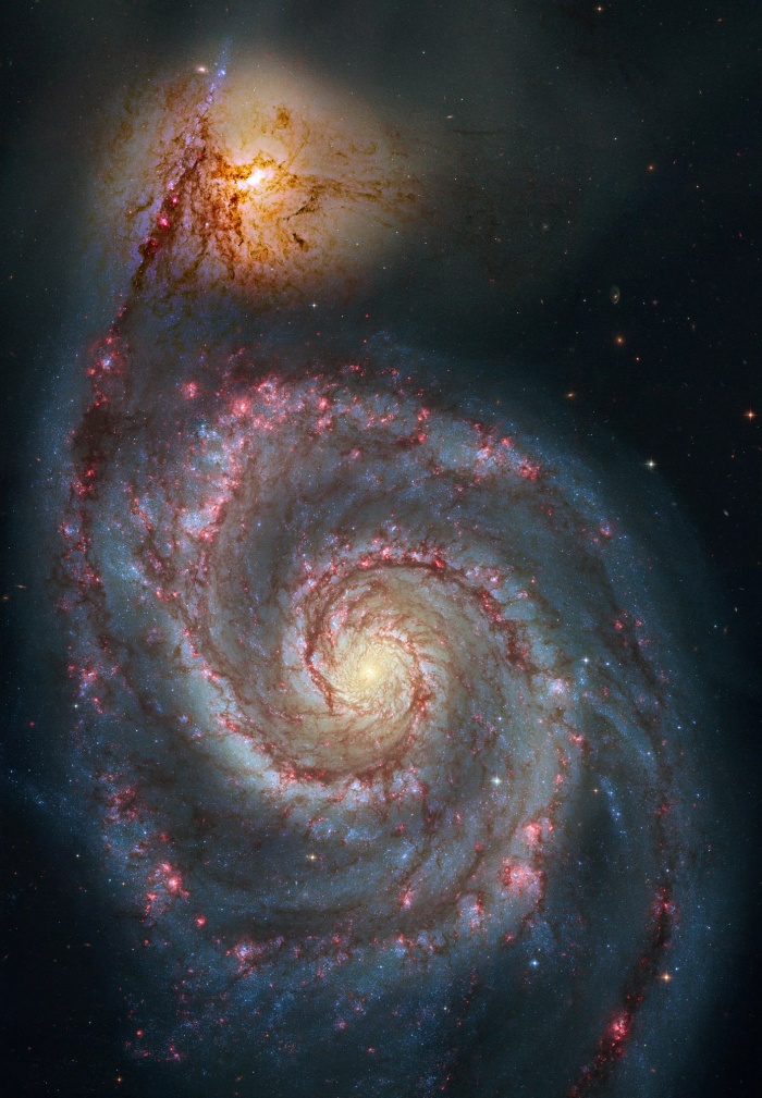 
	M51 Hubble Remix
	Astronomy Picture of the Day - 2009 December 26
	Credit: S. Beckwith (STScI), Hubble Heritage Team, (STScI/AURA), ESA, NASA
	Additional Processing: Robert Gendler
	
	Explanation: The 51st entry in Charles Messier's famous catalog is perhaps the original spiral nebula - a large galaxy with a well defined spiral structure also cataloged as NGC 5194. Over 60,000 light-years across, M51's spiral arms and dust lanes clearly sweep in front of its companion galaxy (right), NGC 5195. Image data from the Hubble's Advanced Camera for Surveys has been reprocessed to produce this alternative portrait of the well-known interacting galaxy pair. The processing has further sharpened details and enhanced color and contrast in otherwise faint areas, bringing out dust lanes and extended streams that cross the small companion, along with features in the surroundings and core of M51 itself. The pair are about 31 million light-years distant. Not far on the sky from the handle of the Big Dipper, they officially lie within the boundaries of the small constellation Canes Venatici.