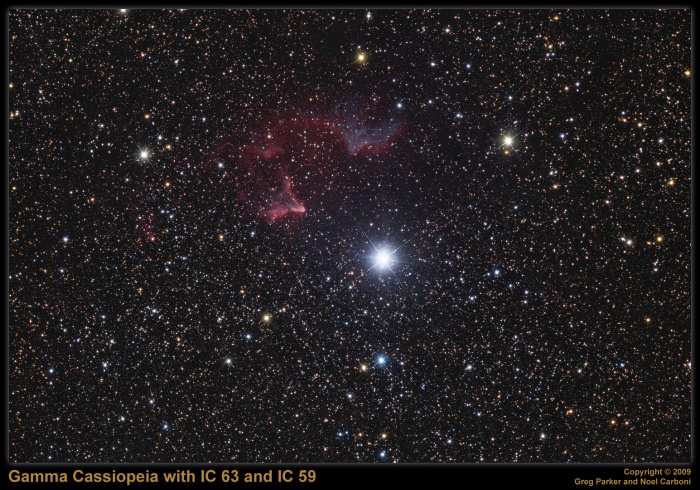 
	Gamma Cassiopeiae and Friends
	Astronomy Picture of the Day - 2009 December 24
	Credit & Copyright: Processing - Noel Carboni, Imaging - Greg Parker, New Forest Observatory
	
	Explanation: Gamma Cassiopeiae shines high in northern autumn evening skies. The brightest spiky star in this rich and colorful Milky Way starfield, bluish Gamma Cas marks the central peak in the W-shaped constellation Cassiopeia. A hot, variable, and rapidly rotating star about 600 light-years distant, Gamma Cas also ionizes surrounding interstellar material, including the wispy IC 63 (left) and IC 59 emission and reflection nebulae. The two faint nebulae are physically close to Gamma Cas, separated from the star by only a few light-years. This well-composed, wide-field view of the region spans almost 2 degrees on the sky.