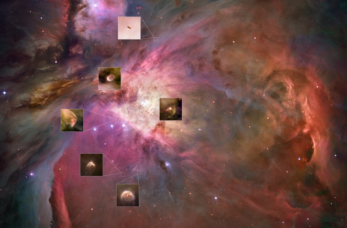 
	Planetary Systems Now Forming in Orion
	

	Astronomy Picture of the Day - 2009 December 22
	Credit: NASA, ESA, M. Robberto (STScI/ESA), the HST Orion Treasury Project Team, & L. Ricci (ESO)
	
	Explanation: How do planets form? To help find out, the Hubble Space Telescope was tasked to take a detailed look at one of the more interesting of all astronomical nebulae, the Great Nebula in Orion. The Orion nebula, visible with the unaided eye near the belt in the constellation of Orion, is an immense nearby starbirth region and probably the most famous of all astronomical nebulas. Insets to the above mosaic show numerous proplyds, many of which are stellar nurseries likely harboring planetary systems in formation. Some proplyds glow as close disks surrounding bright stars light up, while other proplyds contain disks further from their host star, contain cooler dust, and hence appear as dark silhouettes against brighter gas. Studying this dust, in particular, is giving insight for how planets are forming. Many proplyd images also show arcs that are shock waves - fronts where fast moving material encounters slow moving gas. The Orion Nebula lies about 1,500 light years distant and is located in the same spiral arm of our Galaxy as our Sun.