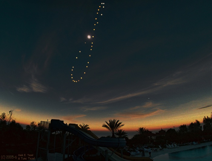 
	Tutulemma: Solar Eclipse Analemma
	Astronomy Picture of the Day - 2009 December 20
	Credit & Copyright: Cenk E. Tezel and Tunç Tezel (TWAN)
	
	Explanation: If you went outside at exactly the same time every day and took a picture that included the Sun, how would the Sun appear to move? With great planning and effort, such a series of images can be taken. The figure-8 path the Sun follows over the course of a year is called an analemma. This coming Tuesday, the Winter Solstice day in Earth's northern hemisphere, the Sun will be at the bottom of the analemma. Analemmas created from different latitudes would appear at least slightly different, as well as analemmas created at a different time each day. With even greater planning and effort, the series can include a total eclipse of the Sun as one of the images. Pictured is such a total solar eclipse analemma or Tutulemma - a term coined by the photographers based on the Turkish word for eclipse. The composite image sequence was recorded from Turkey starting in 2005. The base image for the sequence is from the total phase of a solar eclipse as viewed from Side, Turkey on 2006 March 29. Venus was also visible during totality, toward the lower right.