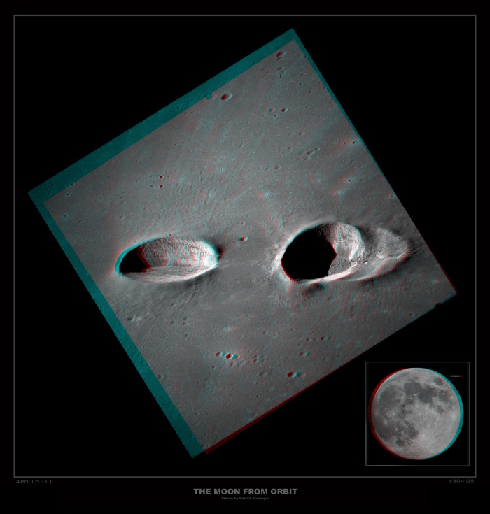
	Messier Craters in Stereo
	Astronomy Picture of the Day - 2009 December 11
	Credit Apollo 11, NASA; Stereo Image by Patrick Vantuyne
	
	Explanation: Many bright nebulae and star clusters in planet Earth's sky are associated with the name of astronomer Charles Messier, from his famous 18th century catalog. His name is also given to these two large and remarkable craters on the Moon. Standouts in the dark, smooth lunar Sea of Fertility or Mare Fecunditatis, Messier (left) and Messier A have dimensions of 15 by 8 and 16 by 11 kilometers respectively. Their elongated shapes are explained by an extremely shallow-angle trajectory followed by the impactor, moving left to right, that gouged out the craters. The shallow impact also resulted in two bright rays of material extending along the surface to the right, beyond the picture. Intended to be viewed with red/blue glasses (red for the left eye), this striking stereo picture of the crater pair was recently created from high resolution scans of two images (AS11-42-6304, AS11-42-6305) taken during the Apollo 11 mission to the moon.