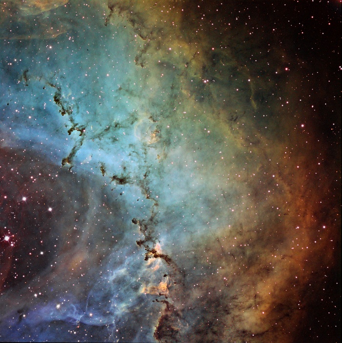 
	Dust Sculptures in the Rosette Nebula
	Astronomy Picture of the Day - 2009 December 2
	Credit & Copyright: John Ebersole
	
	Explanation: What creates the cosmic dust sculptures in the Rosette Nebula? Noted for the common beauty of its overall shape, parts of the Rosette Nebula, also known as NGC 2237, show beauty even when viewed up close. Visible above are globules of dark dust and gas that are slowly being eroded away by the energetic light and winds by nearby massive stars. Left alone long enough, the molecular-cloud globules would likely form stars and planets. The above image was taken in very specific colors of Sulfur (shaded red), Hydrogen (green), and Oxygen (blue). The Rosette Nebula spans about 50 light-years across, lies about 4,500 light-years away, and can be seen with a small telescope towards the constellation of the Unicorn (Monoceros).