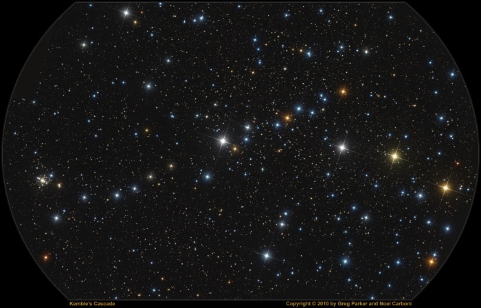 
	Kemble's Cascade
	Credit & Copyright: Processing - Noel Carboni, Imaging - Greg Parker, New Forest Observatory
	Astronomy Picture of the Day - 2010 January 28
	
	Explanation: An asterism is just a recognized pattern of stars that is not one the 88 official constellations. For example, one of the most famous (and largest) asterisms is the Big Dipper within the constellation Ursa Major. But this pretty chain of stars, visible with binoculars towards the long-necked constellation of Camelopardalis, is also a recognized asterism. Known as Kemble's Cascade, it contains about 20 stars nearly in a row, stretching over five times the width of a full moon. Tumbling from the upper right to lower left in the picture, Kemble's Cascade was made popular by astronomy enthusiast Lucian Kemble. The bright object at the lower left is the relatively compact open cluster of stars, NGC 1502.