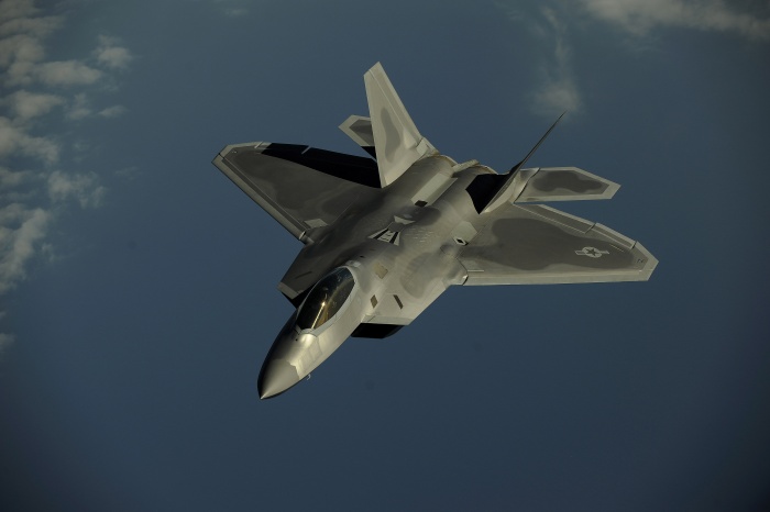 
	An F-22 Raptor flies over Kadena Air Base, Japan, Jan. 23, 2009 on a routine training mission. The F-22 is deployed from the 27th Fighter Squadron at Langley Air Force Base, Va.
	
	Source: Wikipedia