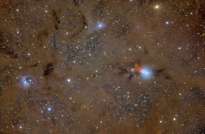 
	Stardust in Perseus
	Credit & Copyright: Máximo Ruiz
	Astronomy Picture of the Day - 2010 February 4
	
	Explanation: This cosmic expanse of dust, gas, and stars covers close to 3 degrees on the sky in the heroic constellation Perseus. Right of center in the gorgeous skyscape is the dusty blue reflection nebula NGC 1333, about 1,000 light-years away. At that estimated distance, the field of view is about 50 light-years across. Next to NGC 1333 is the reddish glow of shocked hydrogen gas created by energetic jets and winds from stars in the process of formation. Other reflection nebulae are scattered around, along with remarkable dark dust nebulae. Near the edge of a large molecular cloud, they tend to hide the newly formed stars and young stellar objects or protostars from prying optical telescopes. Collapsing due to self-gravity, the protostars form around dense cores embedded in the molecular cloud.