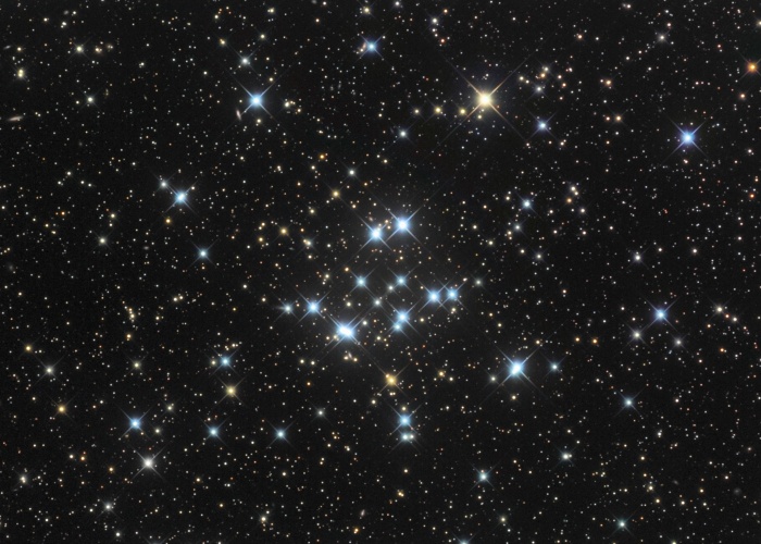 Star Cluster M34
	Credit & Copyright: Bob Franke
	Astronomy Picture of the Day - 2010 February 11
	
	Explanation: This pretty open cluster of stars, M34, is about the size of the Full Moon on the sky. Easy to appreciate in small telescopes, it lies some 1,800 light-years away in the constellation Perseus. At that distance, M34 physically spans about 15 light-years. Formed at the same time from the same cloud of dust and gas, all the stars of M34 are about 200 million years young. But like any open star cluster orbiting in the plane of our galaxy, M34 will eventually disperse as it experiences gravitational tides and encounters with the Milky Way's interstellar clouds and other stars. Over four billion years ago, our own Sun was likely formed in a similar open star cluster.