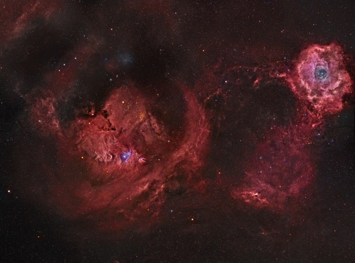 
	Field of Rosette
	Credit & Copyright: Rogelio Bernal Andreo (Deep Sky Colors)
	Astronomy Picture of the Day - 2010 February 14
	
	Explanation: What surrounds the florid Rosette nebula? To better picture this area of the sky, the famous flowery emission nebula on the far right has been captured recently in a deep and dramatic wide field image that features several other sky highlights. Designated NGC 2237, the center of the Rosette nebula is populated by the bright blue stars of open cluster NGC 2244, whose winds and energetic light are evacuating the nebula's center. Below the famous flower, a symbol of Valentine's Day, is a column of dust and gas that appears like a rose's stem but extends hundreds of light years. Across the above image, the bright blue star just left and below the center is called S Monocerotis. The star is part of the open cluster of stars labelled NGC 2264 and known as the Snowflake cluster. To the right of S Mon is a dark pointy featured called the Cone nebula, a nebula likely shaped by winds flowing out a massive star obscured by dust. To the left of S Mon is the Fox Fur nebula, a tumultuous region created by the rapidly evolving Snowflake cluster. The Rosette region, at about 5,000 light years distant, is about twice as far away as the region surrounding S Mon. The entire field can be seen with a small telescope toward the constellation of the Unicorn (Monoceros).