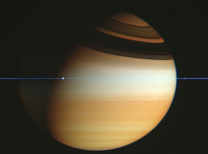 
	Cassini Spacecraft Crosses Saturn's Ring Plane
	Credit: Cassini Imaging Team, ISS, JPL, ESA, NASA
	Astronomy Picture of the Day - 2010 February 15
	
	Explanation: If this is Saturn, where are the rings? When Saturn's 