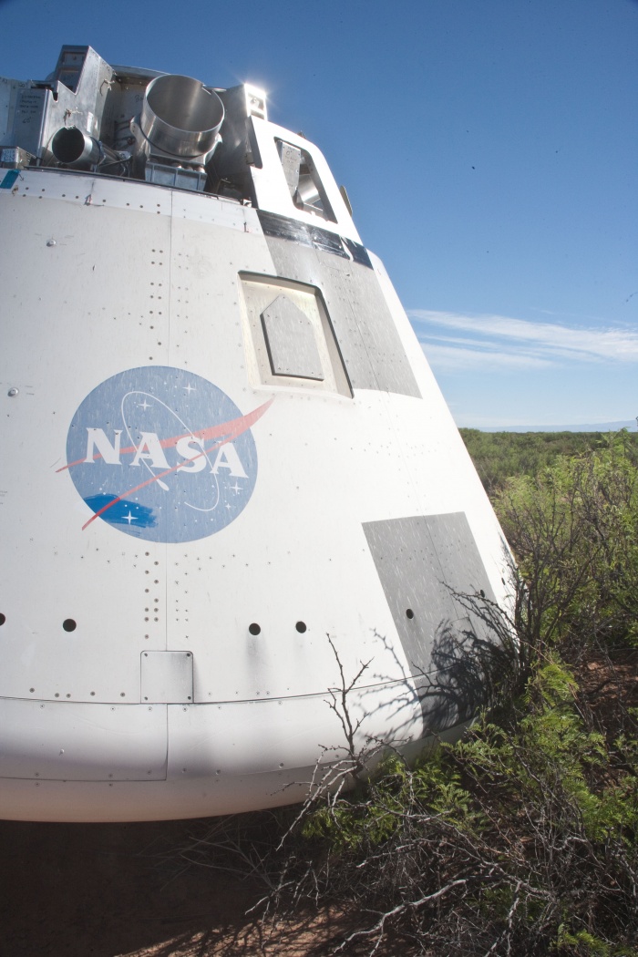 
	6 May 2010 --- The Pad Abort 1 crew module is seen following the flight test before being recovered for analysis. Photo credit: U.S. Army’s White Sands Missile Range.