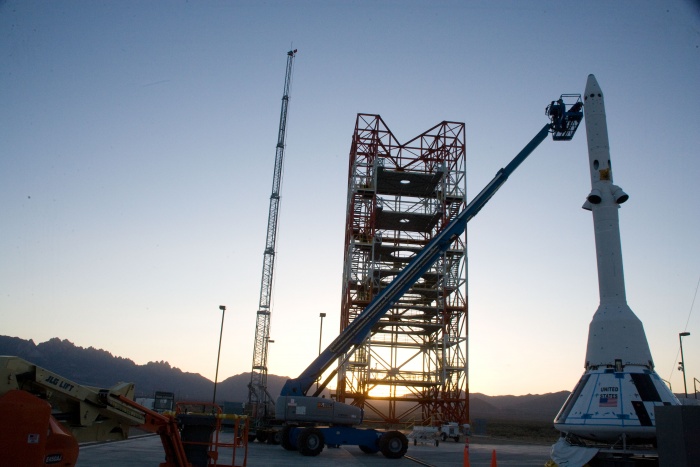 
	5 April 2010 --- The launch abort system for the Pad Abort-1 (PA-1) flight is prepared on the launch pad for the test at the U.S. Army's White Sands Missile Range in New Mexico. The integrated flight test will evaluate the ability of a launch abort system to pull the module and an astronaut crew to safety in the event of an emergency on a launch pad. Photo credit: U.S. Army White Sands Missile Range