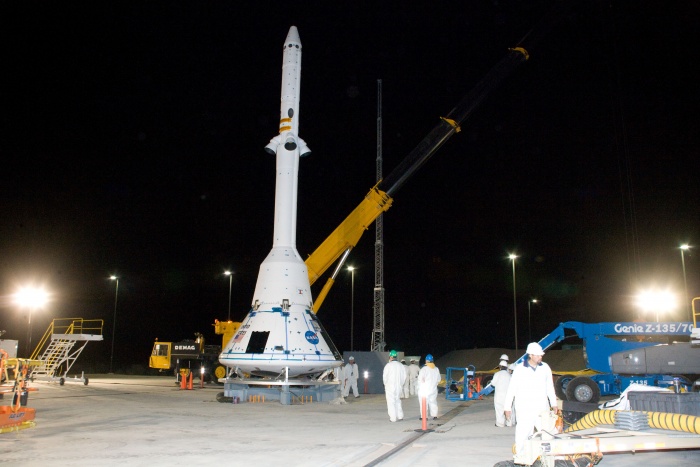 
	9 April 2010 --- The launch abort system for the Pad Abort-1 (PA-1) flight test is prepared on the launch pad for the test at the U.S. Army's White Sands Missile Range in New Mexico. The integrated flight test will evaluate the ability of a launch abort system to pull the module and an astronaut crew to safety in the event of an emergency on a launch pad. Photo credit: U.S. Army White Sands Missile Range