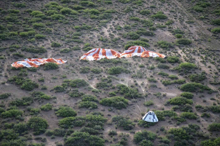 
	6 May 2010 --- This aerial scene following the Pad Abort-1 test on May 6, 2010 shows the Crew Module the Main Parachutes on the ground at the White Sands Missile Range in New Mexico. Photo credit: U.S. Army’s White Sands Missile Range