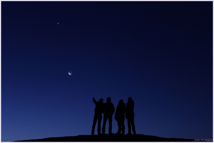 Contemplating the Sky  Credit: Amir Taheri Astronomy Picture of the Day - 2010 December 13  Explanation: Have you contemplated your sky recently? Tonight will be a good one for midnight meditators at many northerly locations as meteors from the Geminids meteor shower will frequently streak through. The Geminds meteor shower has slowly been building to a crescendo and should peak tonight. Pictured above ten days ago, a group of celestial sightseers in the Maranjab Desert in Iran, were treated to a dark and wondrous pre-dawn sky that contained the planet Venus and a crescent Moon. Tonight Mars and Mercury should be visible just above the southwestern horizon at sunset, while the first quarter Moon will set around midnight.
