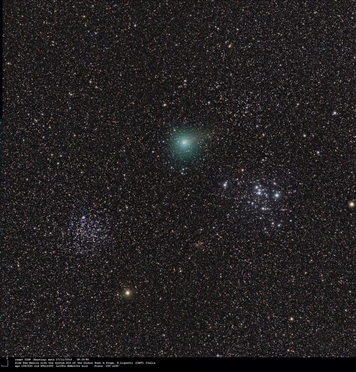    Hartley 2 Star Cluster Tour  Credit:  Rolando Ligustri (CARA Project, CAST) Astronomy Picture of the Day - 2010 December 2  Explanation: Early in November, small but active Comet Hartley 2 (103/P Hartley) became the fifth comet imaged close-up by a spacecraft from planet Earth. Continuing its own tour of the solar system with a 6 year orbital period, Hartley 2 is now appearing in the nautical constellation Puppis. Still a target for binoculars or small telescopes from dark sky locations, the comet is captured in this composite image from November 27, sharing the rich 2.5 degree wide field of view with some star clusters well known to earthbound skygazers. Below and right of the comet's alluring green coma lies bright M47, a young open star cluster some 80 milion years old, about 1,600 light-years away. Below and left open cluster M46 is older, around 300 million years of age, and 5,400 light-years distant. Hartley 2's short, faint tail even extends up and right toward another fainter star cluster in the scene, NGC 2423. On November 27, Comet Hartley 2 was about 2.25 light-minutes from Earth. Sweeping toward the bottom of this field, by November 28 the comet's path had carried it between M46 and M47.