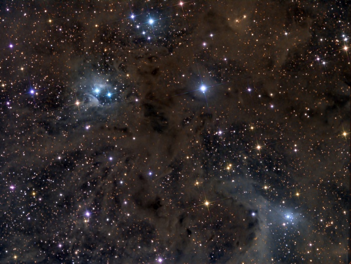    Stardust in Aries  Credit:   Alessandro Falesiedi Astronomy Picture of the Day - 2010 November 25  Explanation: This composition in stardust covers almost 2 degrees on the sky, close to the border of the zodiacal constellation Aries and the plane of our Milky Way Galaxy. At the lower right of the gorgeous skyscape is a dusty blue reflection nebula surrounding a bright star cataloged as van den Bergh 13 (vdB 13), about 1,000 light-years away. At that estimated distance, the cosmic canvas is over 30 light-years across. Also surrounded by scattered blue starlight, vdB 16 lies toward the upper left, while dark dusty nebulae sprawl across the scene. Near the edge of a large molecular cloud, they can hide newly formed stars and young stellar objects or protostars from prying optical telescopes. Collapsing due to self-gravity, the protostars form around dense cores embedded in the molecular cloud.