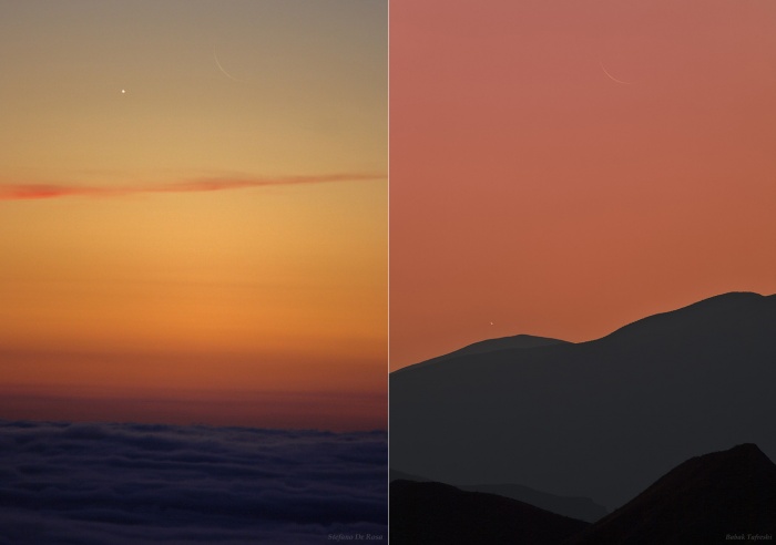    Multiverses: Two Views, Two Crescents  Credit:   Left - Stefano De Rosa, Right - Babak Tafreshi (TWAN) Astronomy Picture of the Day - 2010 November 11  Explanation: Venus rose in a glowing dawn sky on November 5th, just before the Sun. For early morning risers, its brilliant crescent phase was best appreciated with binoculars or a small telescope. On that day the crescent Venus also appeared in close conjunction with another lovely crescent that hugs the eastern horizon in planet Earth's morning skies, the waning crescent Moon. The celestial photo-op is captured here from two locations. Left, separated by less than a degree, the two crescents hover above a sea of clouds. The picture was recorded from an Alpine mountain pass not far from Turin, Italy. On the right is a sharp telephoto view taken before an earlier sunrise, farther east in the Alborz Mountains of Iran. In steady skies the slender Moon is still sliding toward Venus, the bright planet's compact crescent just clearing the mountainous horizon. For now, the crescent phase of Venus remains easy to enjoy with binoculars in November's dawn skies. The first observations of the phases of Venus, made by Galileo with his telescope in 1610, agreed with the predictions of the heliocentric Copernican model of the Solar System.