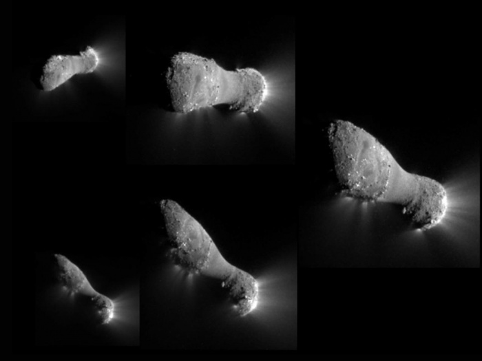 Multiverses: Comet Hartley 2 Flyby     Credit: NASA, JPL-Caltech, UMD, EPOXI Mission  Astronomy Picture of the Day - 2010 November 5  Explanation: Follow these 5 frames clockwise starting from the top left to track the view from the EPOXI mission spacecraft as it approached, passed under, and then looked back at the nucleus of comet Hartley 2 on November 4. Its closest approach distance was about 700 kilometers. In fact, this encounter was the fifth time a spacecraft from planet Earth has imaged a comet close-up. But Hartley 2's nucleus is definitely the smallest one so far, its long axis spanning only about 2 kilometers (1.2 miles). Though Hartley 2 is small, these stunning images showing jets of dust and gas indicate an impressively active surface. The jets are seen originating from the rough surface areas, with sunlight illuminating the nucleus from the right. Remarkably, rough areas at both ends of the elongated nucleus are joined by a narrower, smooth waist. The EPOXI mission reuses the Deep Impact spacecraft that launched a probe impacting the nucleus of comet Tempel 1 in 2005.