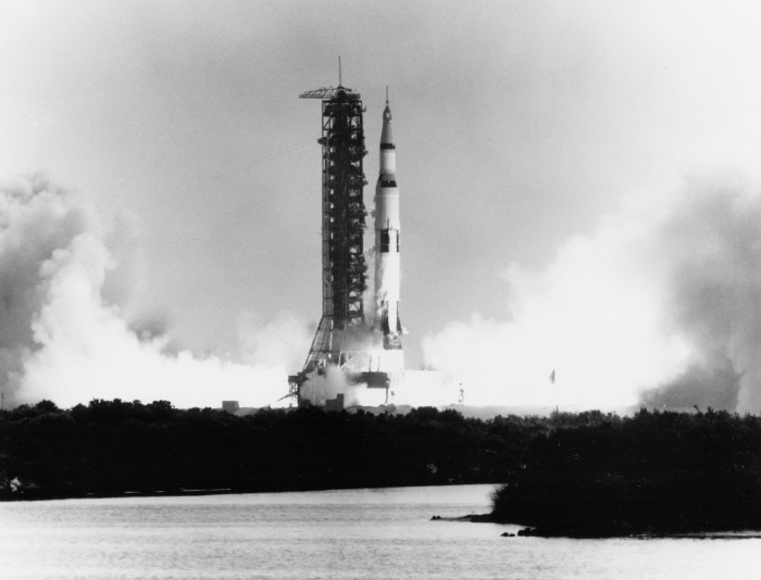 
	Apollo 11 space vehicle with astronauts Neil A. Armstrong, Michael Collins, and Edwin E. Aldrin, Jr. lifting off July 16, 1969.

	Source: NASA