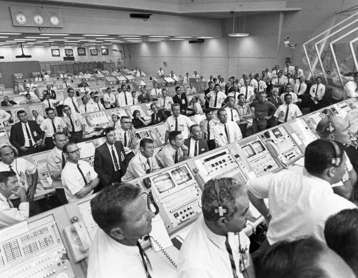 
	Members of the launch team listen to a post-launch pep talk from Vice President Spiro Agnew (not pictured)

	Source: NASA