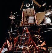 Aldrin backing out through LM hatch