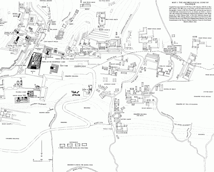 
	This map of Palenque originally appeared in The Sculpture of Palenque, Volume 1 by Merle Greene Robertson. (Note Dr. Robertson's penciled instructions for the 1997 National Geographic restoration drawing). North is down. 
	Credits: Upper Right Corner of the Figure