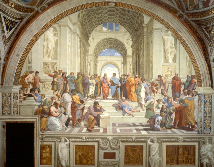 
	THE SCHOOL OF ATHENS
	

	Author: Raphael, 1509–1510
	Type: Fresco, 500 × 770 cm
	Local: Vatican City, Apostolic Palace

	The School of Athens, or Scuola di Atene in Italian, is one of the most famous paintings by the Italian Renaissance artist Raphael. It was painted between 1510 and 1511 as a part of Raphael's commission to decorate with frescoes the rooms now known as the Stanze di Raffaello, in the Apostolic Palace in the Vatican. The Stanza della Segnatura was the first of the rooms to be decorated, and The School of Athens the second painting to be finished there, after La Disputa, on the opposite wall. The picture has long been seen as 