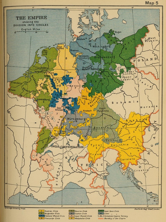 The Empire Divided into Circles (XV Century): Austrian, Burgundian, Rhenish, Franconian, Bavarian, Suabian, Westphalian and Saxon CirclesSource: University of Texas at Austin, Perry-Castaneda Library, Map Collectionhttp://www.lib.utexas.edu/maps/From 
