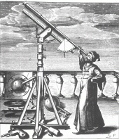 Johannes Hevelius observing with one of his telescopes (1647)