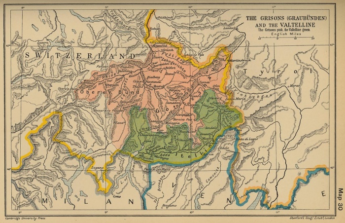 The Grisons (Graubunden) and the ValtellineSigned on April 26, 1621 by French courtier François de Bassompierre and under the guarantee of the King of France, Louis XIII, and the Swiss Confederation, the Treaty of Madrid reinstated the Valtelline to the Grisons and the Chiavenna  to the Spanish. In addition, it was granted religious amnesty to the Protestants in Valtelline, allowing them to practice their faith freely.Source: University of Texas at Austin, Perry-Castaneda Library, Map Collectionhttp://www.lib.utexas.edu/maps/From 