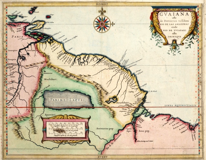 
	Guiana: between the Provinces of Rio de las Amazonas using the Rivers Yuiapari e Orinoque
	
	Author: Cartographer Gerritz, Hessel
	Year of making: 1625
	Source: Surinamica [University of Amsterdam, Amsterdam]
	Copyright: University of Amsterdam
	Scale: approx 1:7.500.000
	Dimensions: 28 x 35.5 cm
	Literature reference: Johannes de Laet, New description of West Indies. Leyden: Isaack Elzevier, 1625 and Johannes de Laet, Beschrijvinghe of West Indies. 2nd Dr Leyden: Elsevier, 1630.
	
	Hessel Gerritsz (1581-1632)
	Amsterdam cartographer and mapmaker some time boss of the VOC, provided the West India Company of the card. This important publication for inclusion in his''Description of West Indies'', from 1625. The chart is slightly smaller, but also businesslike and yet more comprehensive than the map of Jodocus Hondius from 1599. Hondius' son (1594-1629) saw that, apparently because he also copied this chart for its spending of the Atlas of Mercator.

	Source: http://www.geheugenvannederland.nl/?/nl/items/SURI01:610/&p=1&i=2&st=Gerritsz,%20Hessel&sc=%28Gerritsz%20%20Hessel%20*%29/