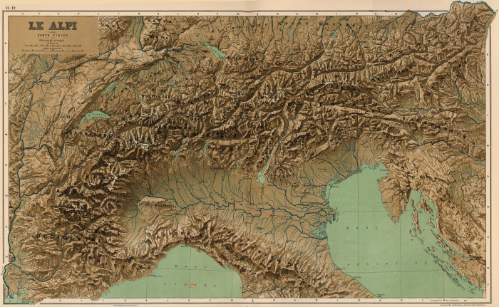 
	Le Alpi [The Alps], from Atlante Mondiale Hoepli di Geografia Moderna Fisica e Politica. Giovanni Roncagli, 1899. 

	Source: University of Texas at Austin, Perry-Castaneda Library, Map Collection
	http://www.lib.utexas.edu/maps/