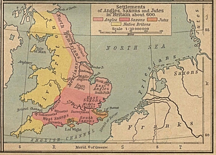 
	Britain about 600 - Settlements of Angles, Saxons and Jutes, from The Historical Atlas by William R. Shepherd, 1926. 
	
	Source: University of Texas at Austin, Perry-Castaneda Library, Map Collection
	http://www.lib.utexas.edu/maps/