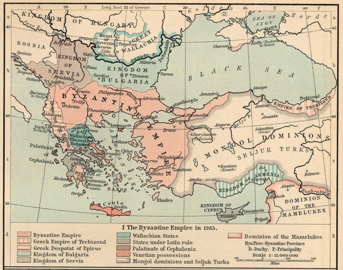 
	The Byzantine Empire in 1265
	The Byzantine Empire, 1265-1355. From The Historical Atlas by William R. Shepherd, 1911
	
	Source: University of Texas at Austin, Perry-Castaneda Library, Map Collection
	http://www.lib.utexas.edu/maps/