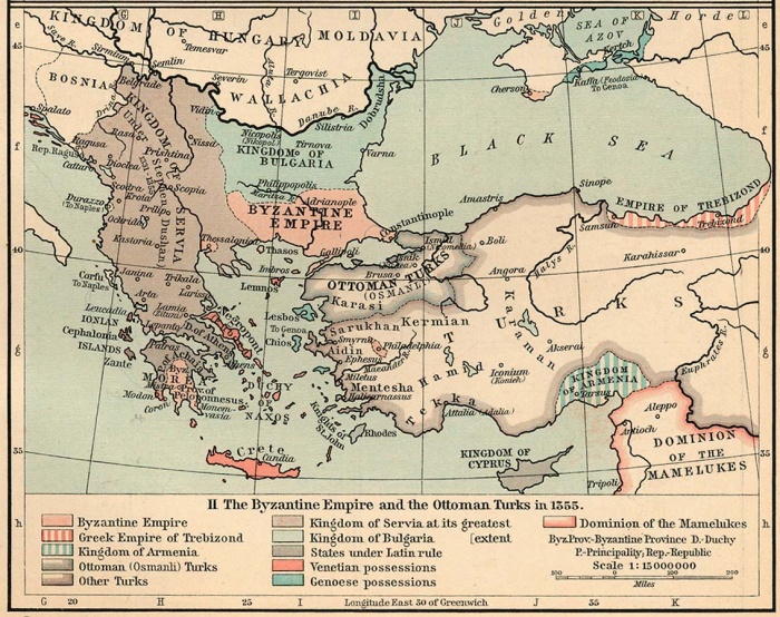 
	The Byzantine Empire and the Ottoman Turks in 1355
	

	The Byzantine Empire, 1265-1355. From The Historical Atlas by William R. Shepherd, 1911
	
	Source: University of Texas at Austin, Perry-Castaneda Library, Map Collection
	http://www.lib.utexas.edu/maps/