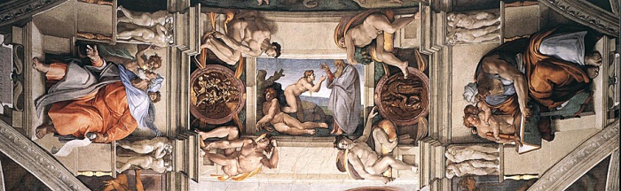 
	Sistine Chapel Detail: transverse section of the ceiling

	Sistine Chapel: transverse section of the ceiling with a smaller field of the apex of the ceiling. It shows: the thrones for the Prophets and Sibyls; one of the seven Prophets (Ezekiel), one of the five Sibyls (Cumaean);two of the twenty-four square pedestals forming niches for the Prophets and Sibyls and surmounted by twin 'putti' (a boy and a girl) in relief; two small angels as background to the enthroned figures; two of the ten white angular cornices joining the capitals of the putti-pilasters; four of the twenty 'ignudi' occupying the cornices, holding cornucopias, ribbons and garlands of fruit;two of the ten gold medallions in reliefs depicting scenes from the Book of Kings and supported by two ignudi; one of the five smaller fields of the apex of the ceiling guarded by four ignudi and covered by a scene from the Genesis (The Creation of Eve).