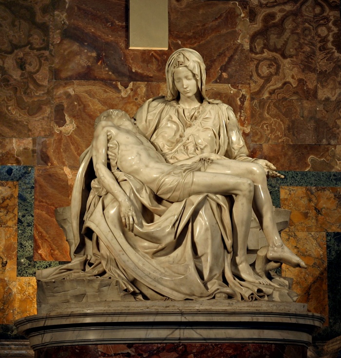 
	Michelangelo's Pietà in St. Peter's Basilica in the Vatican

	Michelangelo's Pietà, a depiction of the body of Jesus on the lap of his mother Mary after the Crucifixion, was carved in 1499, when the sculptor was 24 years old.

	In November of 1497, the French ambassador in the Holy See commissioned one of his most famous works, the Pietà and the contract was agreed upon in August of the following year. The contemporary opinion about this work — 