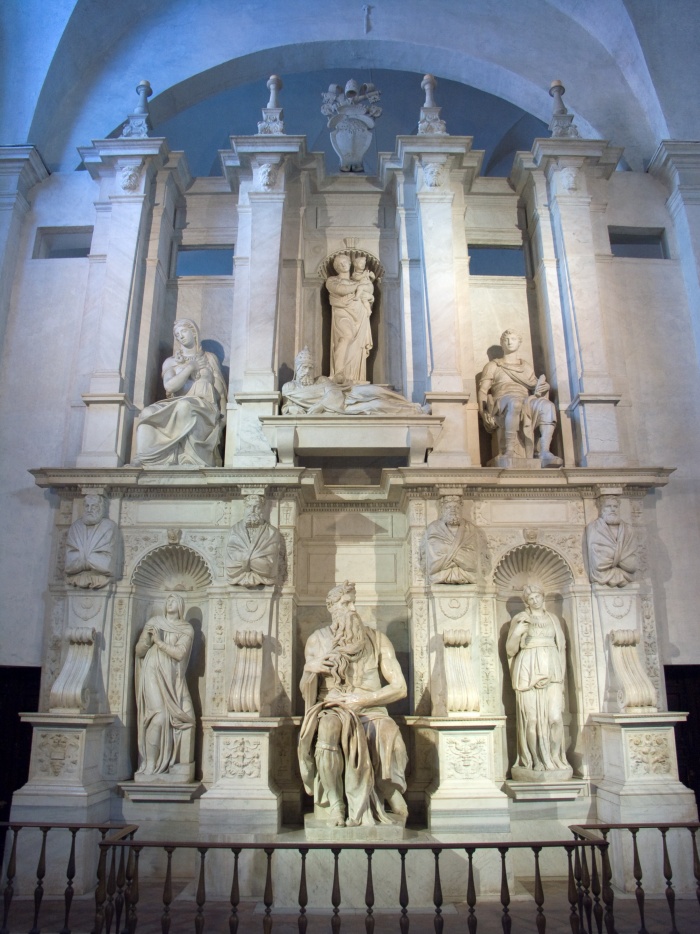 
	Michelangelo's Moses (centre) with Rachel and Leah on his sides.