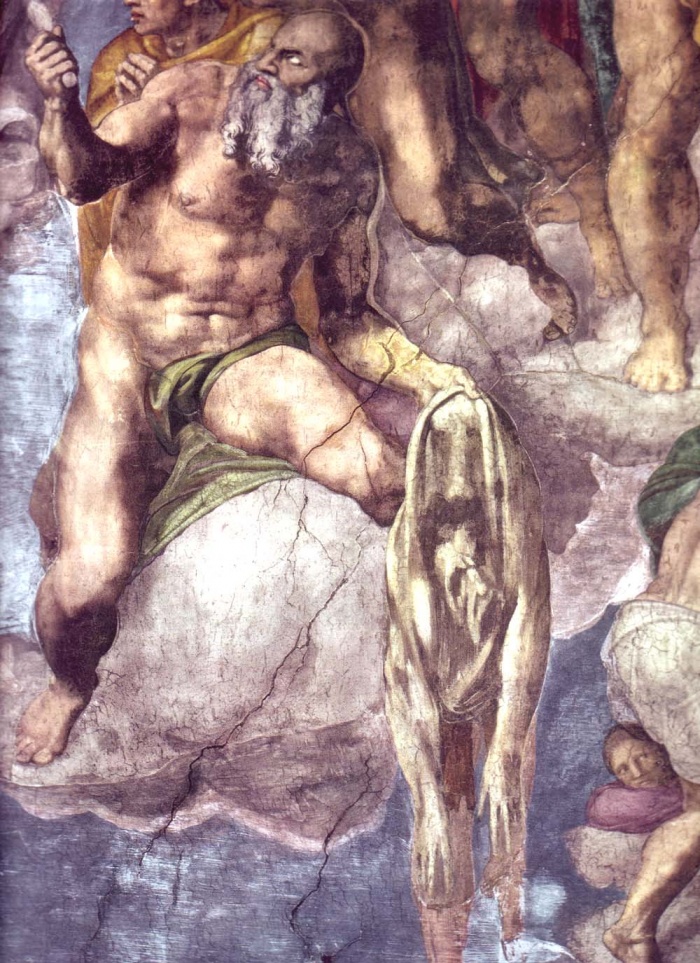 
	Michelangelo's The Last Judgment. Saint Bartholomew is shown holding the knife of his martyrdom and his flayed skin. The face of the skin is recognizable as Michelangelo.
	
	The fresco of The Last Judgment on the altar wall of the Sistine Chapel was commissioned by Pope Clement VII, who died shortly after assigning the commission. Paul III was instrumental in seeing that Michelangelo began and completed the project. Michelangelo labored on the project from 1534 to October 1541. The work is massive and spans the entire wall behind the altar of the Sistine Chapel. The Last Judgment is a depiction of the second coming of Christ and the apocalypse; where the souls of humanity rise and are assigned to their various fates, as judged by Christ, surrounded by the Saints.
	
	Source: Wikipedia