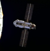 4. Russian-built FGB (Zarya) approaches Shuttle Endeavour and the U.S.-built Node 1