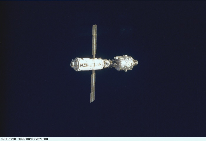 
	STS096-E-5220 (03 June 1999) --- The International Space Station (ISS), including the elements of the Zarya module and the Unity node, centered in a setting of total black, as photographed from the Space Shuttle Discovery. The scene was recorded with an electronic still camera (ESC) at 23:16:00 GMT, June 3, 1999.

	Source: http://spaceflight.nasa.gov/gallery/images/station/assembly/ndxpage1.html