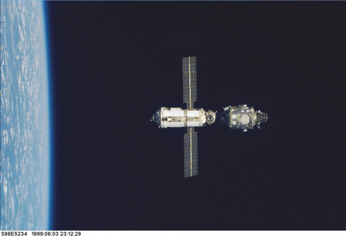 
	STS096-E-5234 (3 June 1999) --- A STS-96 crew member handling an electronic still camera (ESC) recorded this image of the International Space Station (ISS) during a flyaround following separation of the two spacecraft. The image was recorded at 23:12:29 GMT, June 3, 1999.

	Source: http://spaceflight.nasa.gov/gallery/images/station/assembly/ndxpage1.html