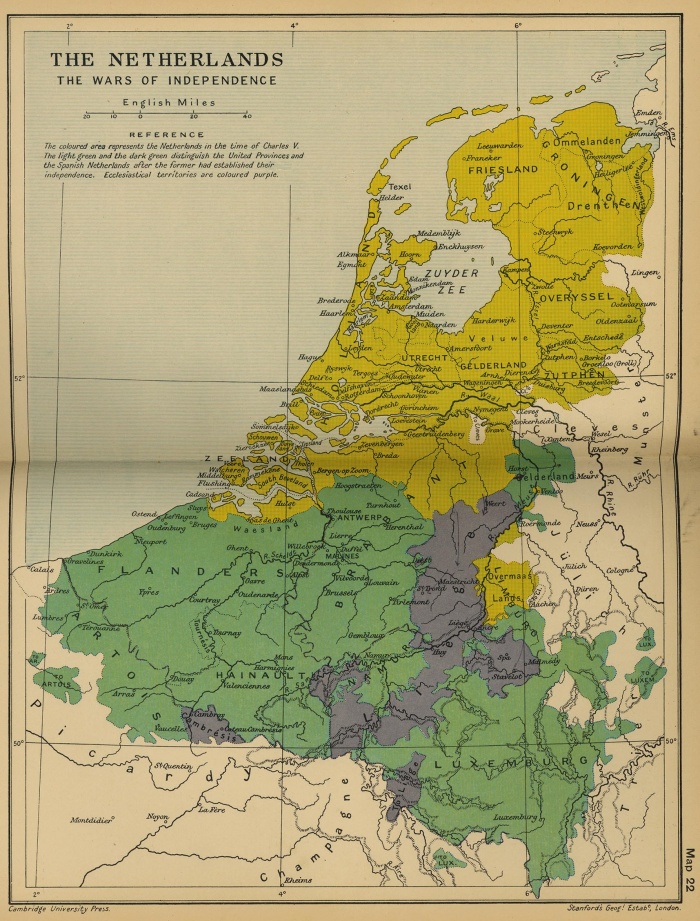 The Netherlands: Wars of Independence (1568-1648)The Protestantism brought the revolts for political liberties all over Europe. When the catholic king Philip II of Spain suppressed political liberties in the Netherlands, a Protestant revolt led by William of Orange broke out in the Netherlands in 1568. The Union of Utrecht (1579) turned the seven Northern provinces into the United Provinces of the Netherlands. The 17th century witnessed the prolongation of the war between the United Provinces and Spain, until the recognition of the Dutch independence by Spain in 1648 Spain. In 1602 was created the Dutch East India Company, to bring Holland as a major power in Europe and overseas at the end of the 17th century.Netherlands independence was completely conquered after the Thirty Years' War (1618–1648) with its grown power.Map Source: University of Texas at Austin, Perry-Castaneda Library, Map Collectionhttp://www.lib.utexas.edu/maps/From 