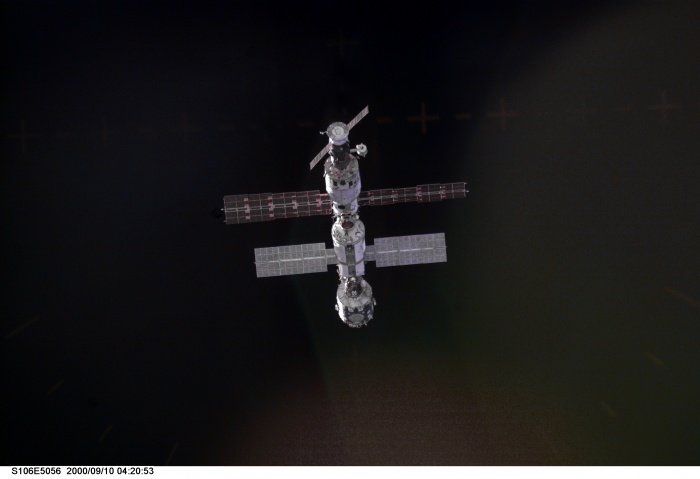
	S106-E-5056 (10 September 2000) --- The International Space Station (ISS) is now in the view of the crew aboard the Space Shuttle Atlantis as evidenced in this electronic image. The last time astronauts saw the ISS, it was not sporting the recently-arriving Progress, which appears at the top in this perspective. Also, next to the Progress, appears the Zvezda service module, which had been delivered by a Proton rocket since the most recent human visit to ISS.

	Source: http://spaceflight.nasa.gov/gallery/images/station/assembly/ndxpage2.html