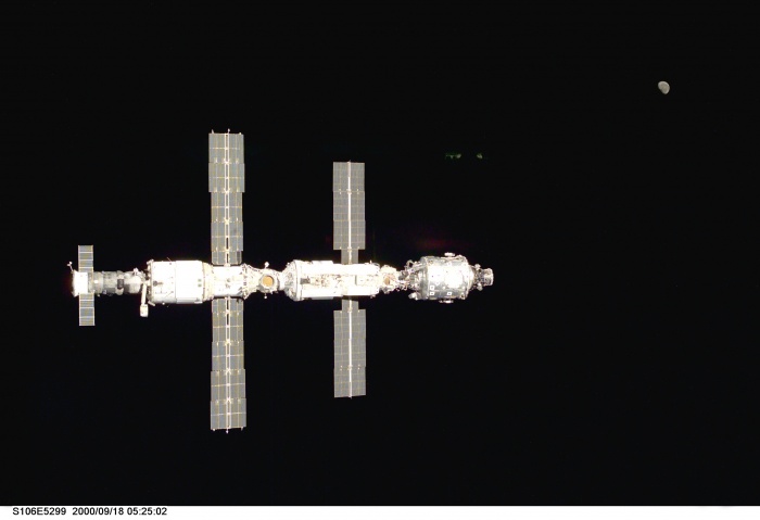 
	S106-E-5299 (18 September 2000) --- Backdropped against the blackness of space, the International Space Station (ISS) is seen following its undocking with the Space Shuttle Atlantis. After accomplishing all mission objectives in outfitting the station for the first resident crew, the seven astronauts and cosmonauts undocked at 3:46 (GMT) on Sept. 18 over Russia near the northeastern portion of Ukraine. When Atlantis was at a safe distance from the station, about 450 feet, astronaut Scott D. Altman, pilot, performed a 90-minute, double-loop fly around to enable the crew to document the station’s exterior. He fired Atlantis’ jets one final time to separate from the station at 5:35 GMT, September 18. 
	
	Source: http://spaceflight.nasa.gov/gallery/images/station/assembly/ndxpage2.html