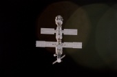 15. From top to bottom: Node 1 (Unity), FGB or Zarya, Zvezda, and a Progress cargo supply vehicle